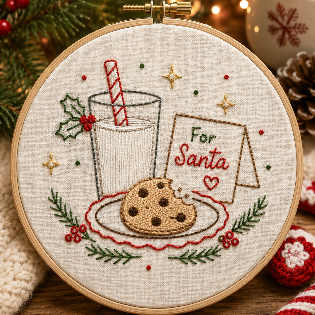 Christmas Cookie Milk Santa Hand Embroidery Pattern | Beginner Holiday Hoop Art (PDF Download)