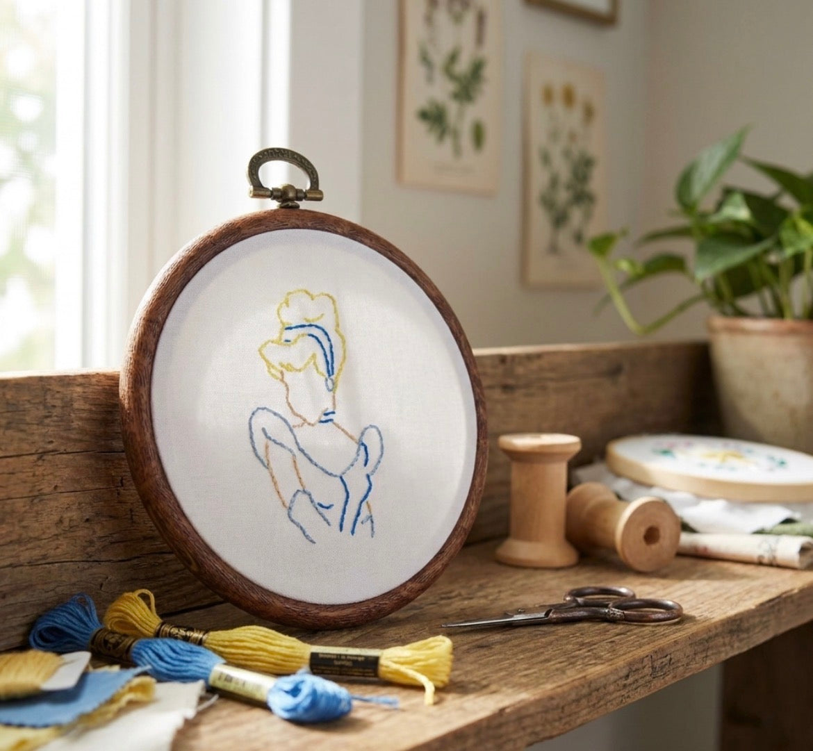 4” Princess Line Art Embroidery Hoop | Handmade Disney Inspired Embroidery | Minimalist Princess Wall Decor | Nursery Decor | Gift for Disney Fans