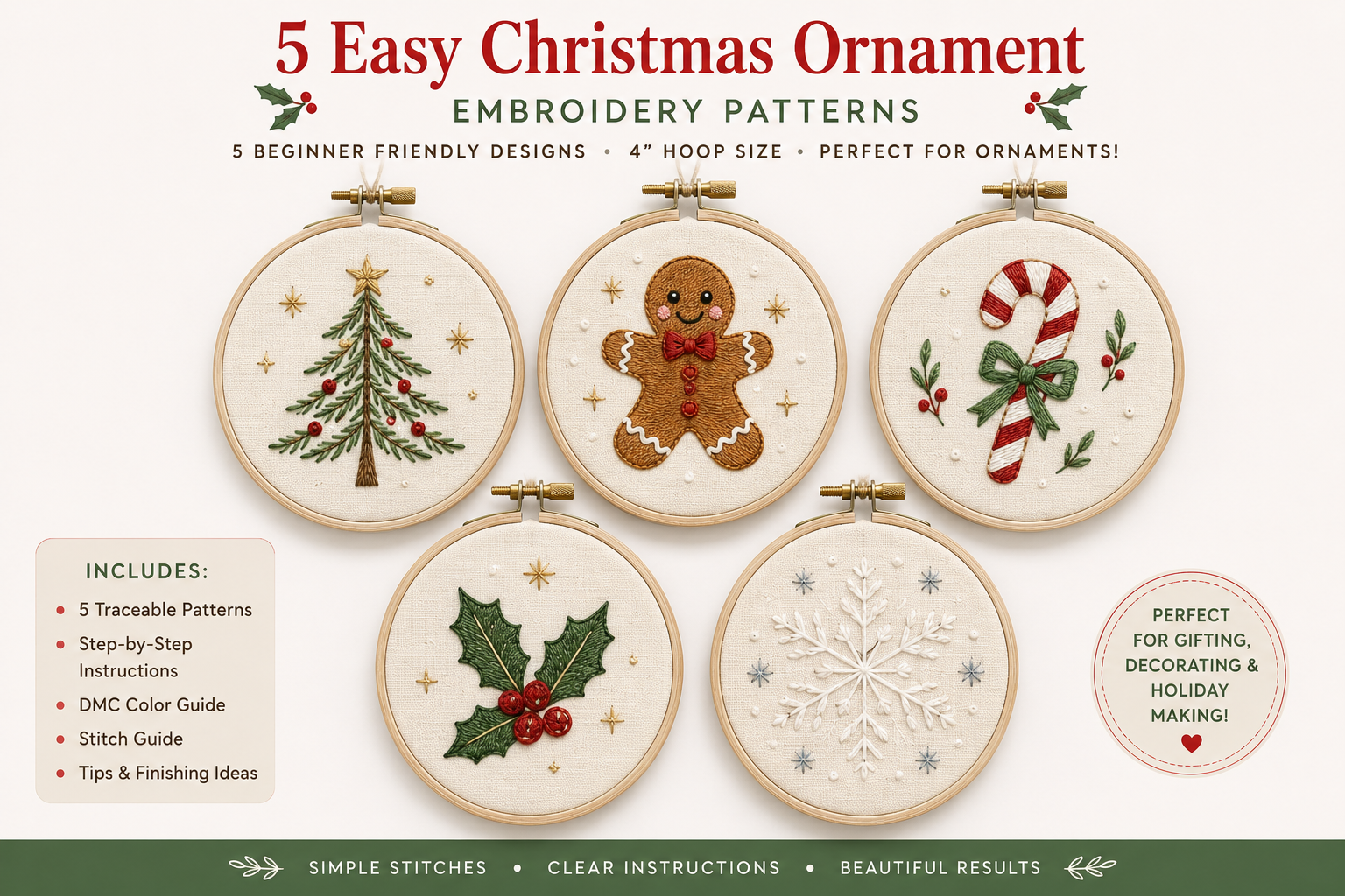5 Christmas Ornament Embroidery Patterns | Beginner Holiday Hoop Designs (Digital Download)