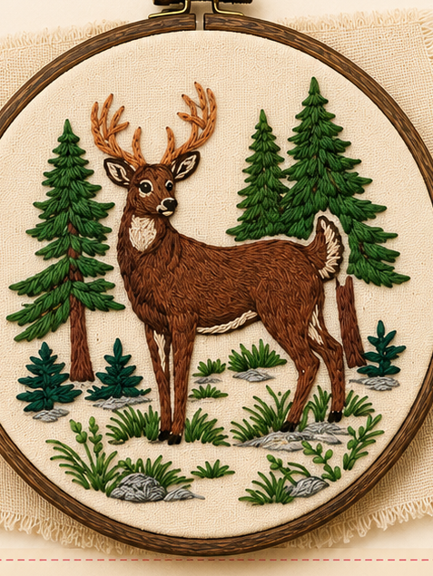 Deer Embroidery Pattern | White-Tailed Buck, Pine Forest