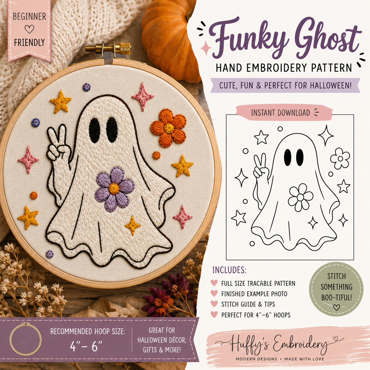 Retro Ghost Embroidery Pattern | Peace Sign, Daisy, Stars (PDF Download)