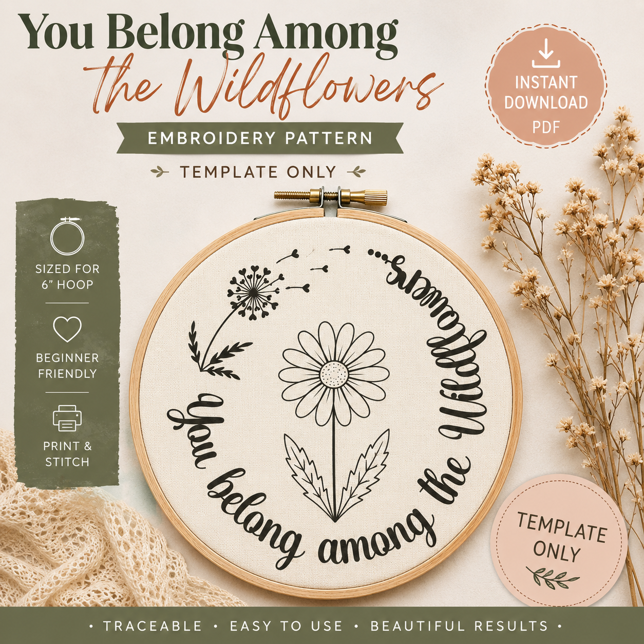 Wildflower Daisy Embroidery Pattern | Beginner Floral Hoop (PDF Download)