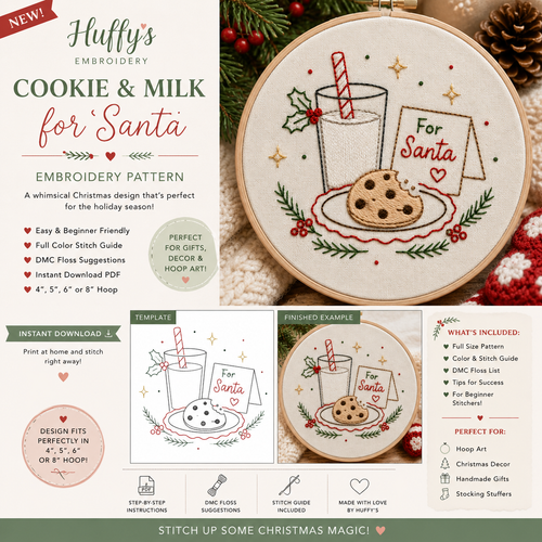 Christmas Cookie Milk Santa Hand Embroidery Pattern | Beginner Holiday Hoop Art (PDF Download)