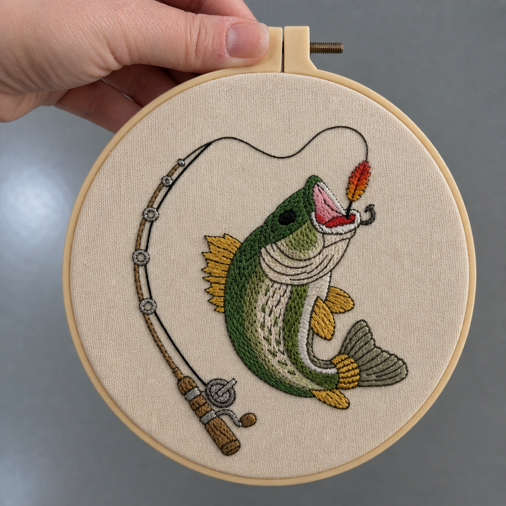 Bass Fishing Hand Embroidery Kit – Complete Beginner Embroidery Kit
