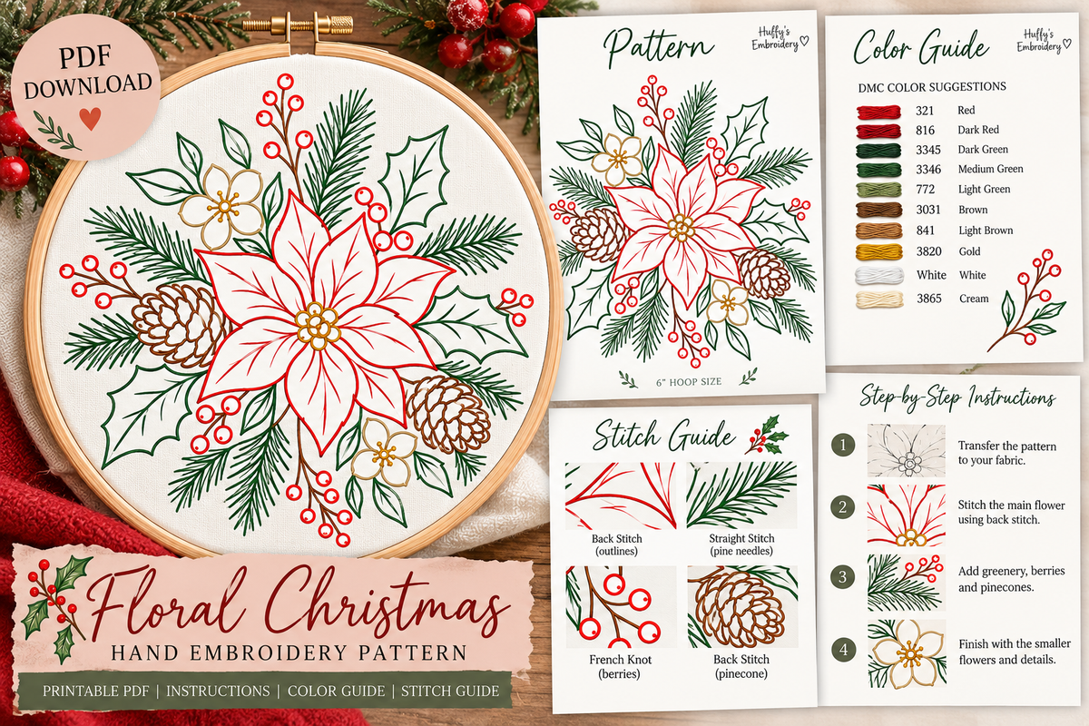 Floral Christmas Hand Embroidery Pattern | Christmas Poinsettia PDF