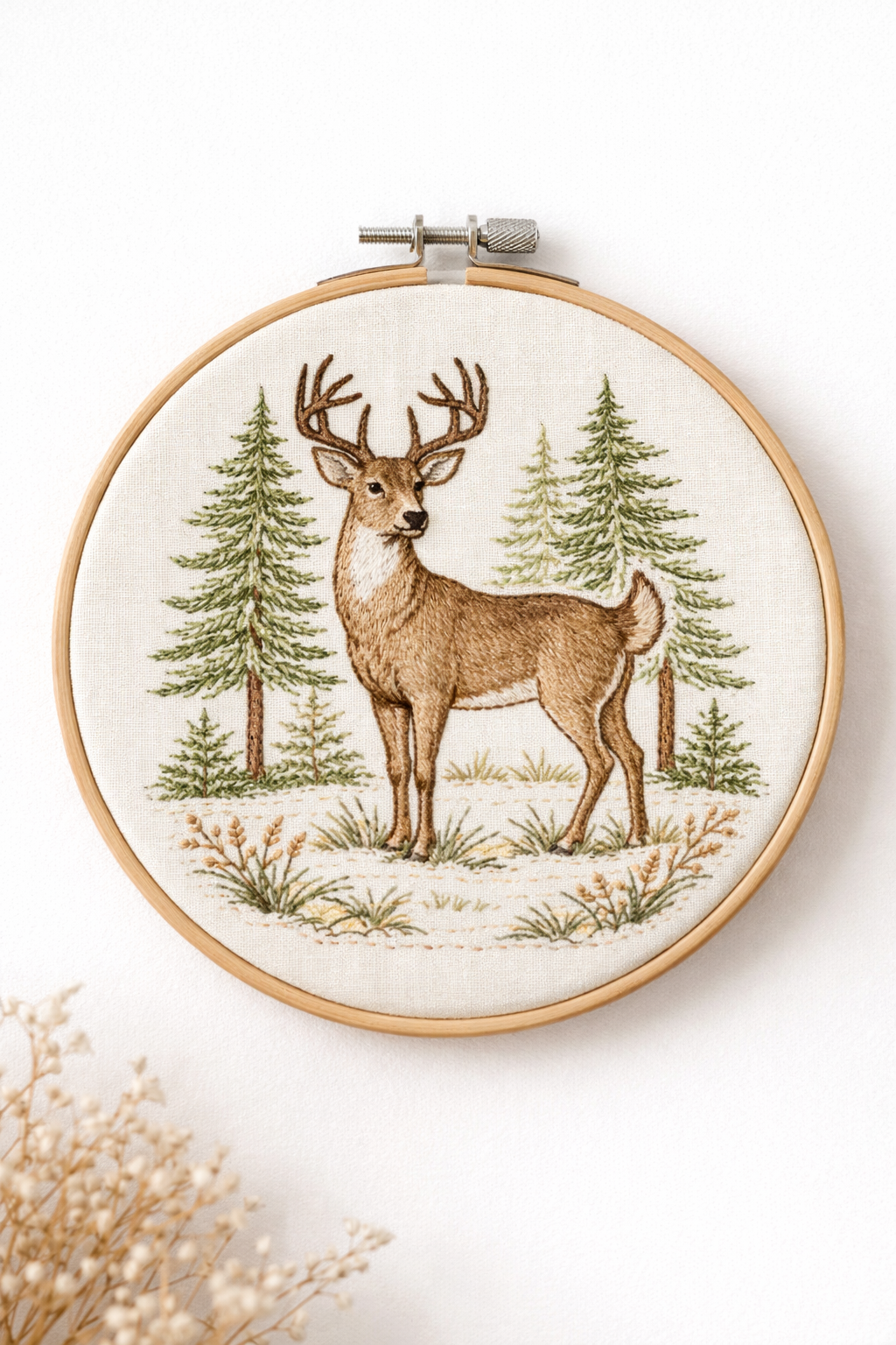 Deer Embroidery Pattern | White-Tailed Buck, Pine Forest