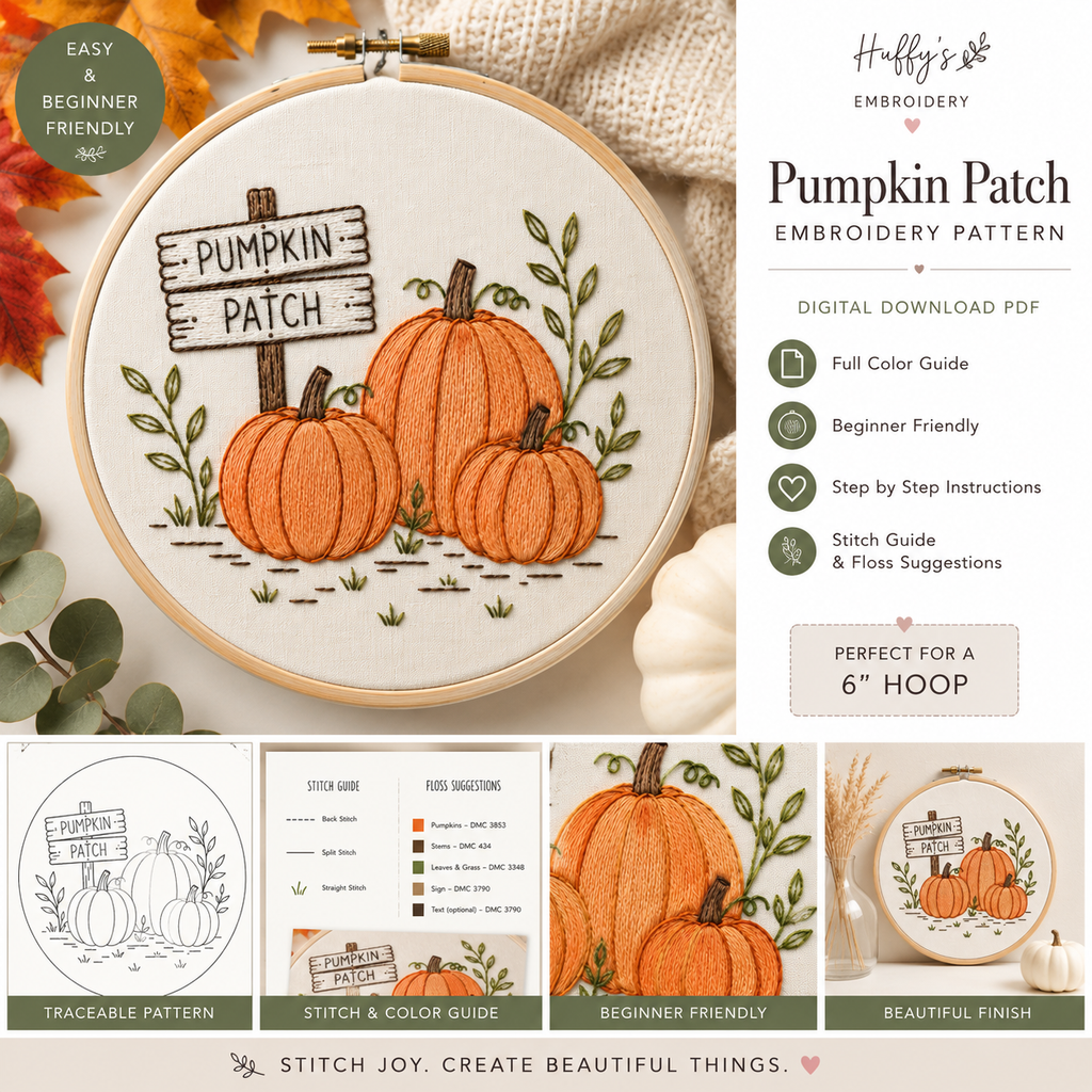 Pumpkin Patch Embroidery Pattern | Beginner Fall Hoop Art (PDF Download)
