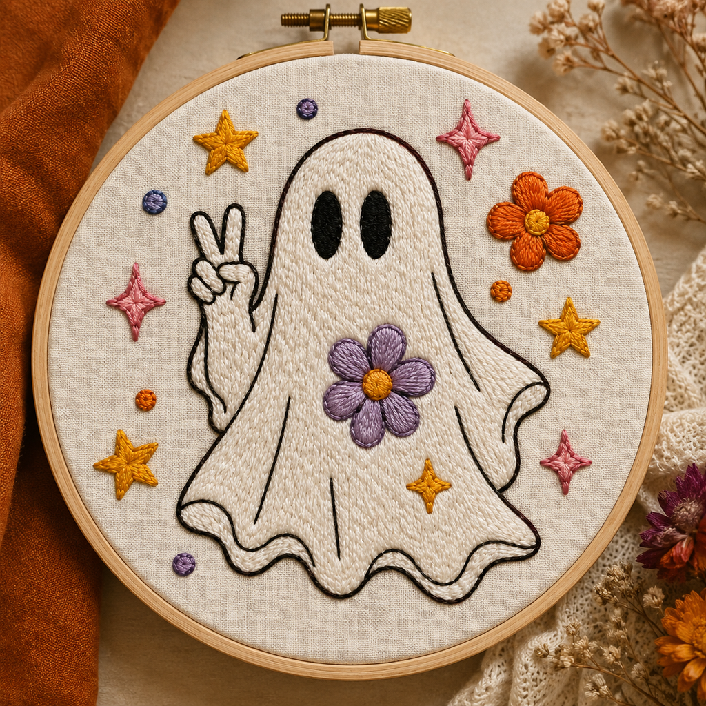Retro Ghost Embroidery Pattern | Peace Sign, Daisy, Stars (PDF Download)