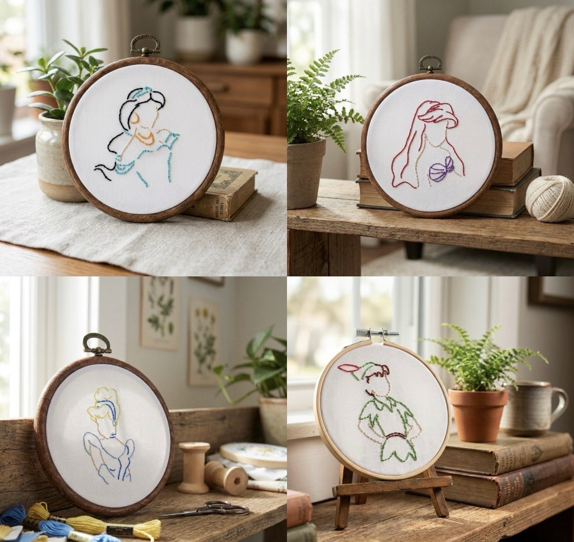 4” Princess Line Art Embroidery Hoop | Handmade Disney Inspired Embroidery | Minimalist Princess Wall Decor | Nursery Decor | Gift for Disney Fans