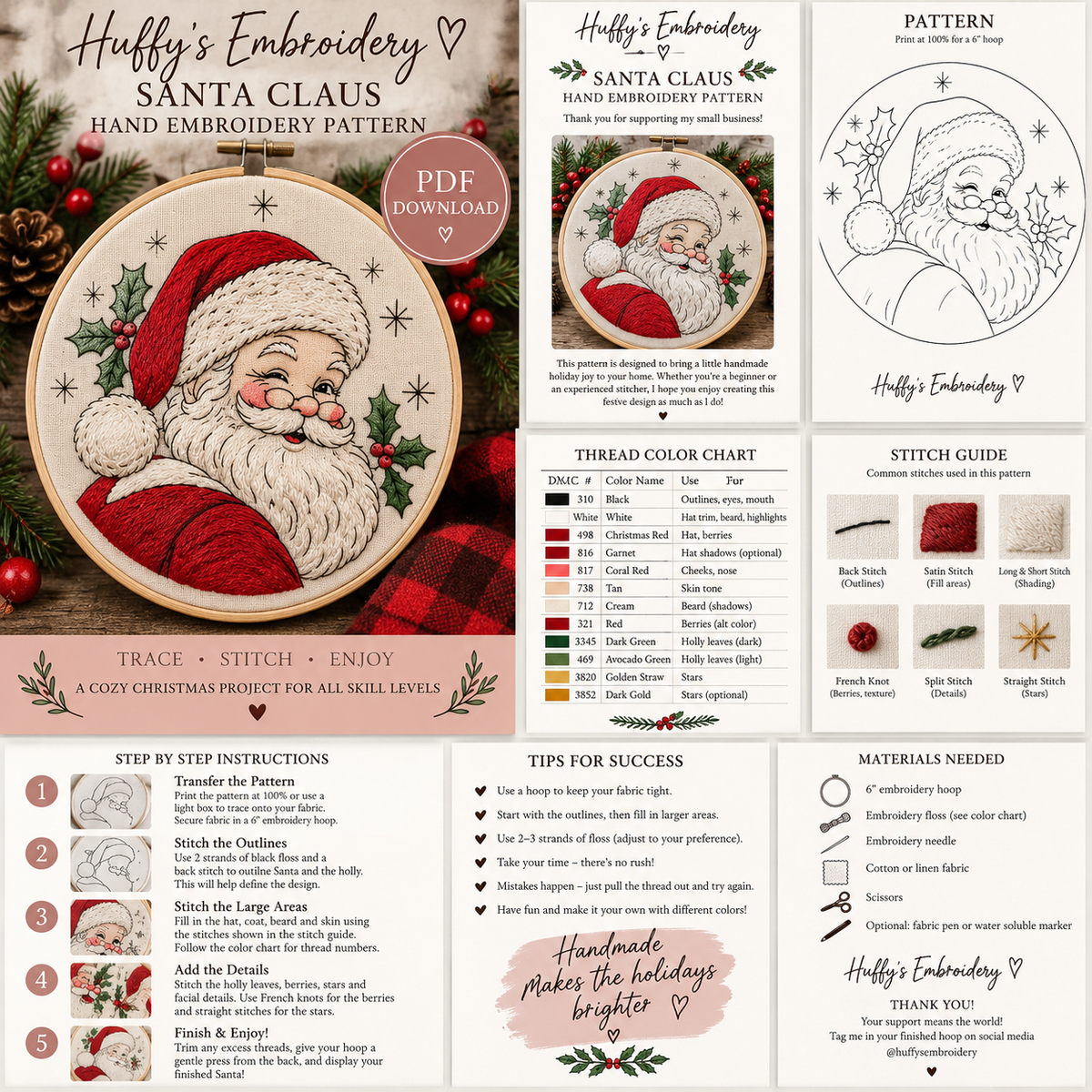 Santa Claus Hand Embroidery Pattern | Christmas PDF Download