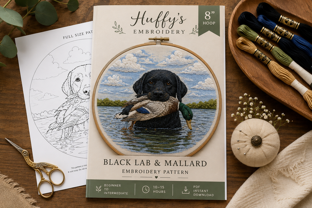 Black Lab Retriever & Mallard Hand Embroidery Pattern PDF