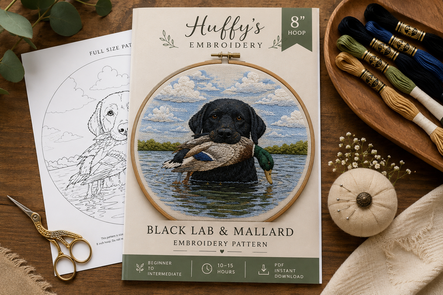 Black Lab Retriever & Mallard Hand Embroidery Pattern PDF
